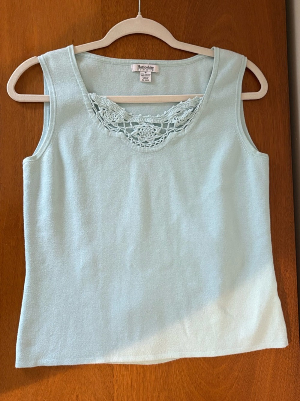 Women’s Hampshire Studio Medium Light Teal Knit Tank with Crochet Neck Detailing
